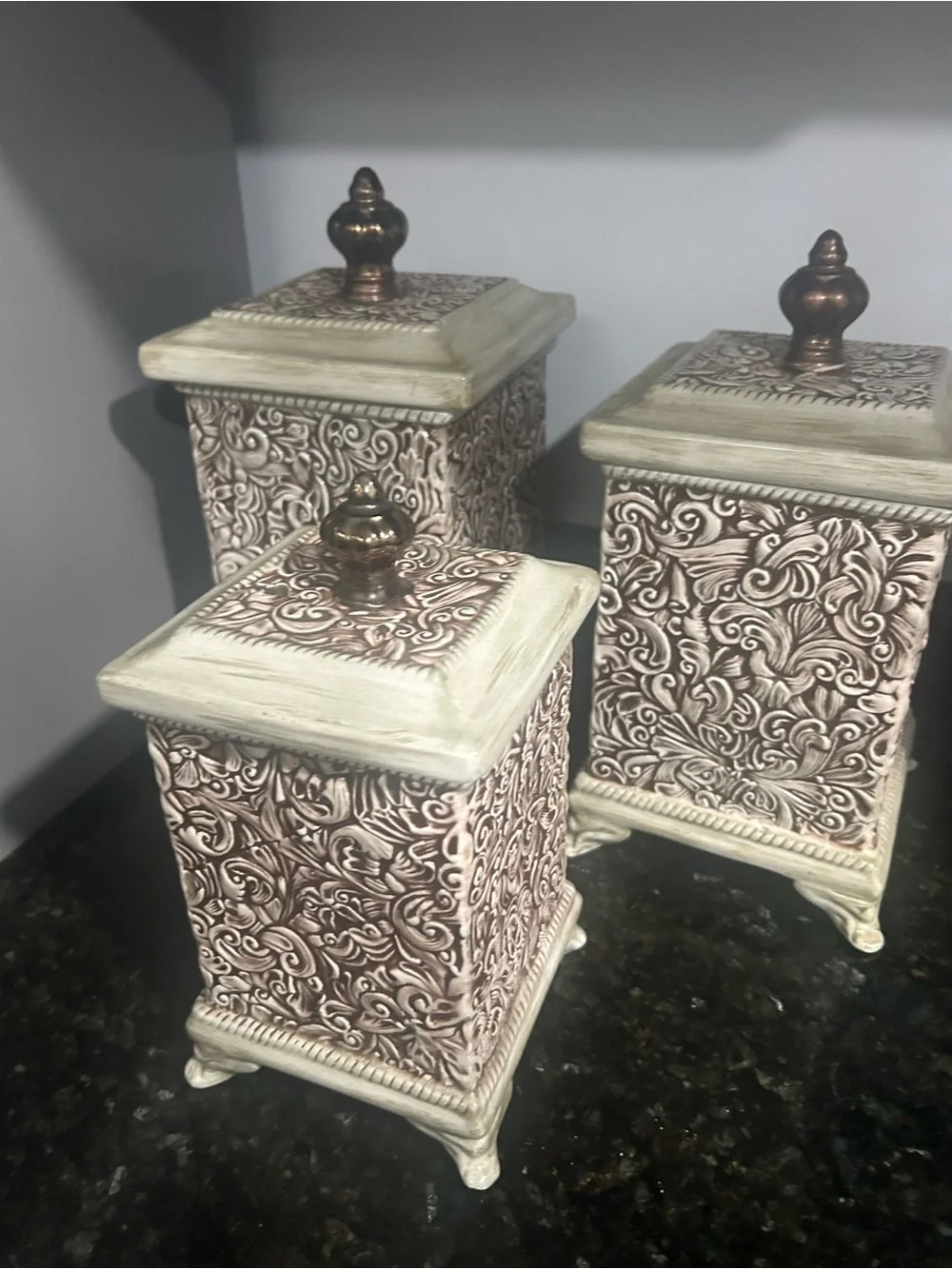 Decorative Cream and Brown Embossed Canister Trio - Home Accents